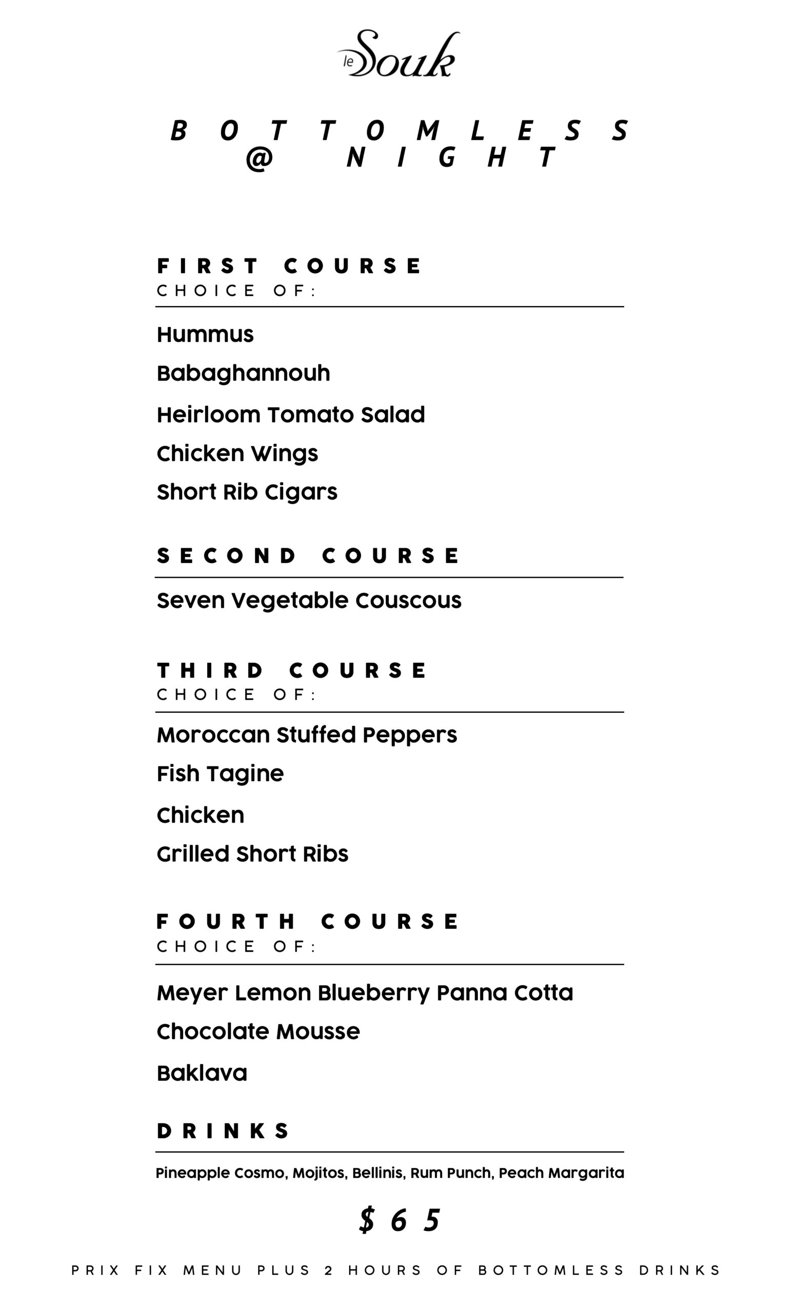 Le Souk bottomless at night menu