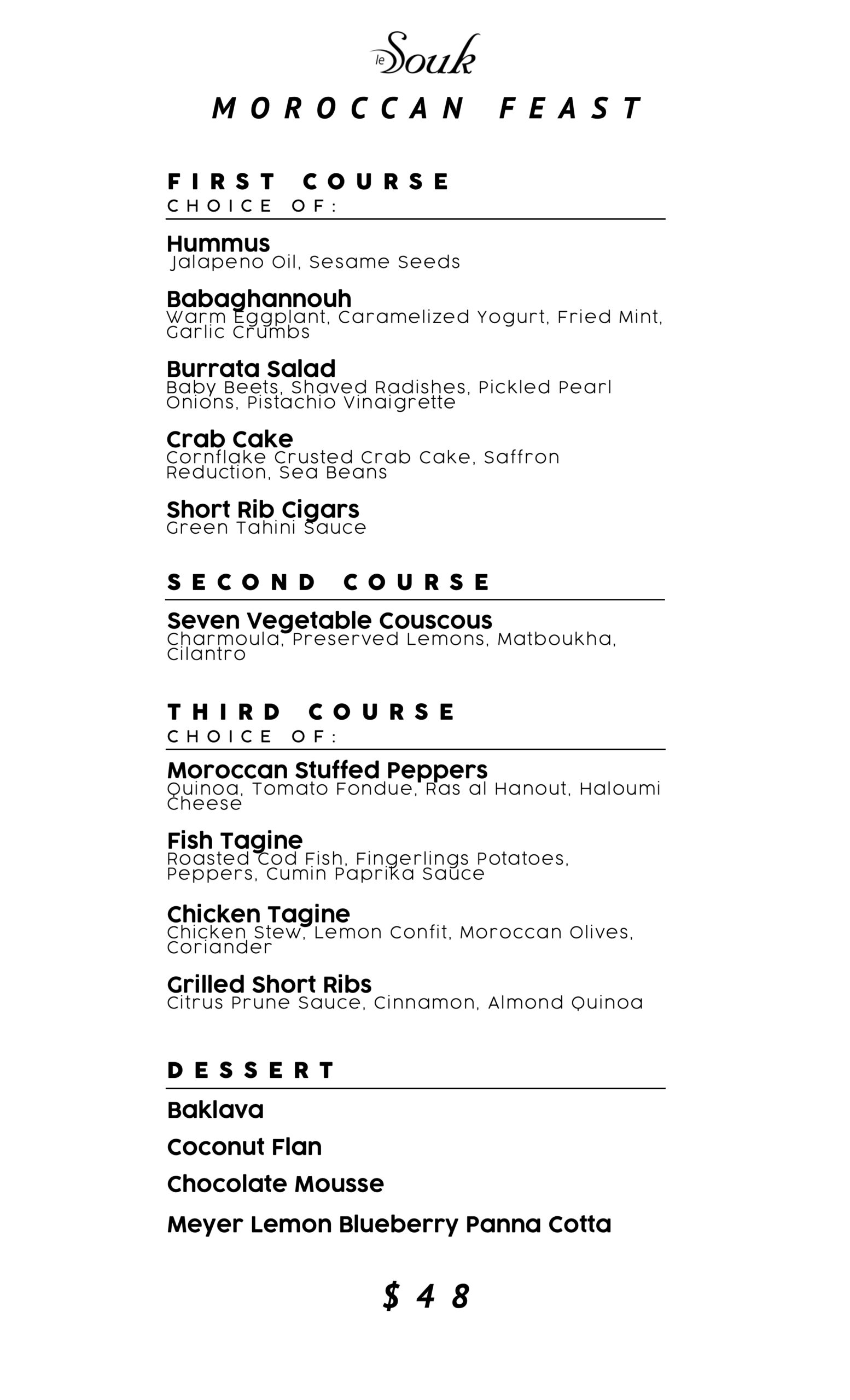 Le Souk Moroccan feast menu